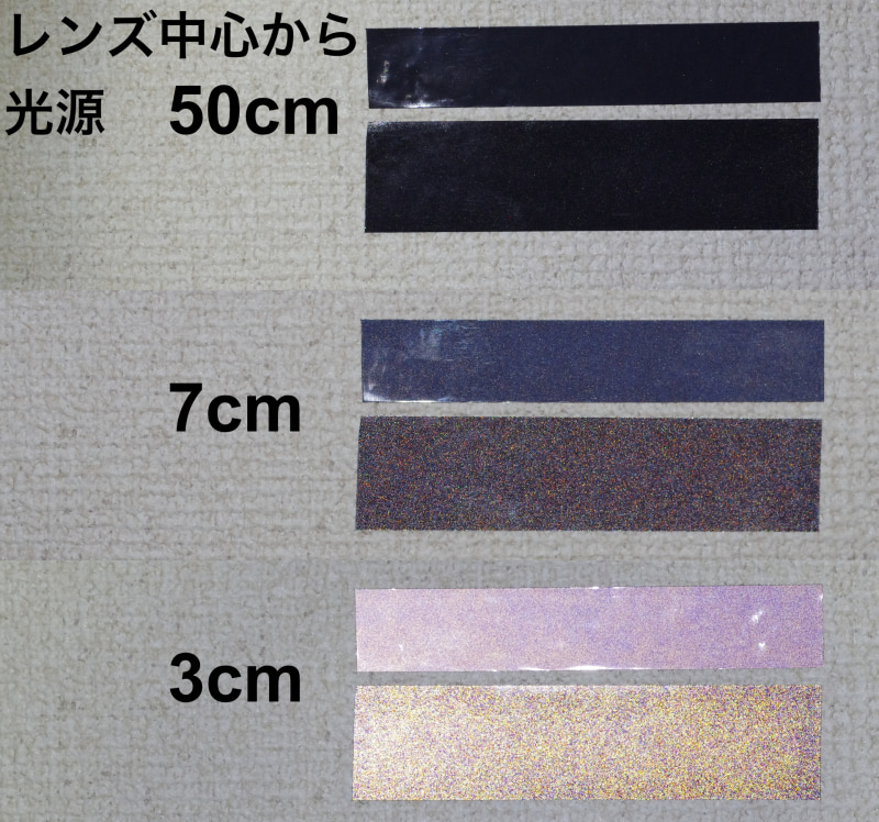 カメラと光源の位置の違いでこのくらい反射のしかたが違う。1m程度離れてライトで照らした状態を撮影した。