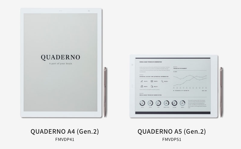 富士通「QUADERNO Gen.2」は、PDFの表示および専用ペンによる手書きPDFへの書き込みを行える電子ペーパー。左がA4サイズ （FMVDP41）で右がA5サイズ（FMVDP51）。富士通<a href="https://fmv.fccl.fujitsu.com/shop/pid/pickup-peripheral/quaderno#item">WEB MART</a>での直販価格は、A4サイズが6万9800円、A5サイズが4万9800円。