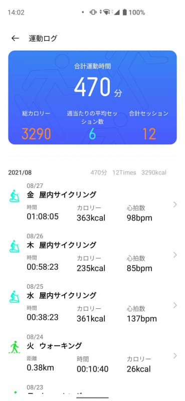 アクティビティの記録の一覧をアプリで表示したところ