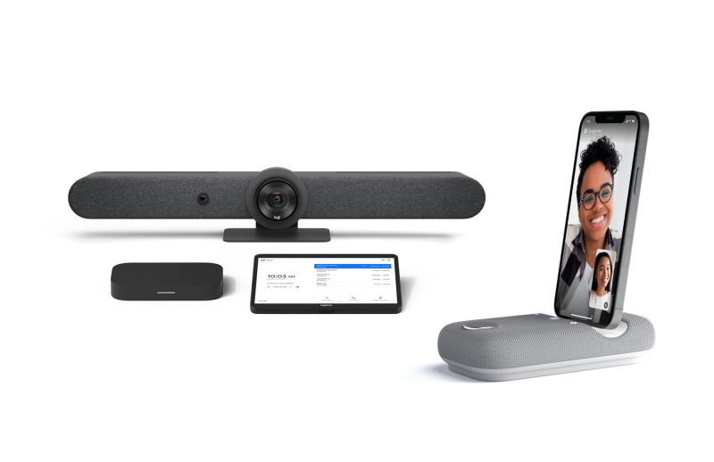 左はロジテックの「Rally Bar」シリーズのGoogle Meetプログラム認定製品、右が新製品の「Rayz Rally Pro」