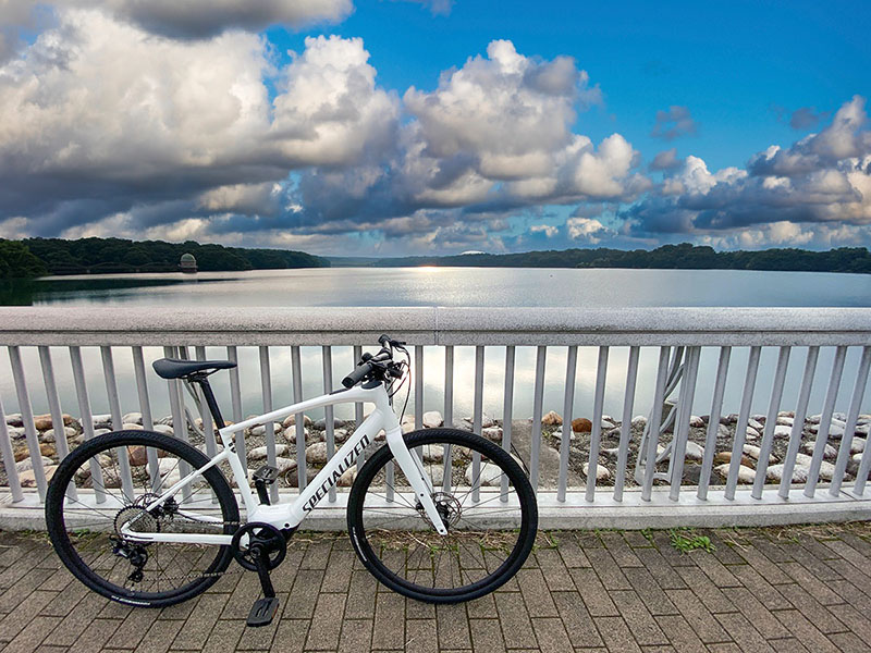 薄曇りの空を雲がモクモクの空に置換。湖面や自転車などの色温度も微調整されている