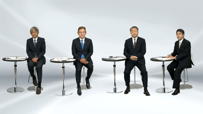 説明会の様子。左から執行役員 総務部門長の北村 亮太氏、常務執行役員 研究企画部門長の川添 雄彦氏、代表取締役社長 社長執行役員の澤田 純氏、執行役員 経営企画部門長の谷山 賢氏