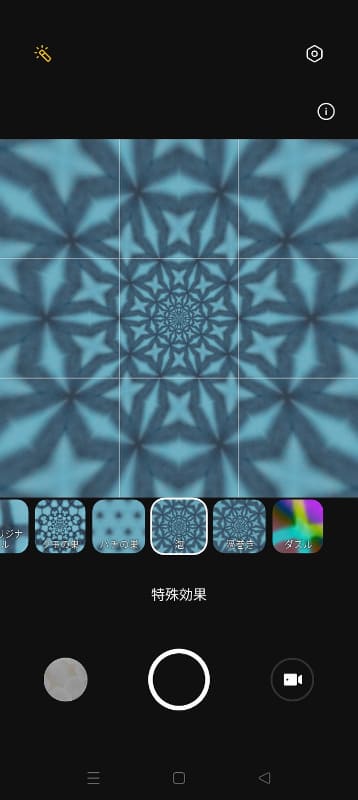 顕微鏡カメラ起動時に、左上のアイコンをタップすると特殊効果を選べる。クモの巣、ハチの巣、泡、渦巻き、ダズルの5つの効果が用意されている
