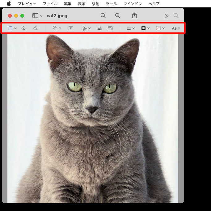 画像上部にマークアップツールバーが表示される。これは画像に注釈を付け加えるなどするためのツール群で、けっこう多彩な画像処理を行える。