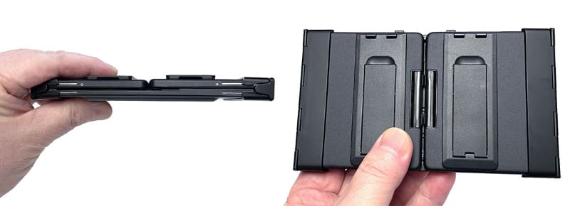 こんなふうにコンパクトに折り畳める。サイズは横159×縦91×厚さ18mmで、重さは217g。