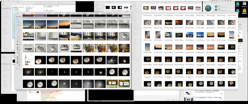画像ファイル整理中の様子。フォルダからフォルダへのファイルコピーも、これだけのサムネイルを見ながら行えると、かなり効率的だ。クイックルック（スペースバーを押して画像を大きく表示するなどの操作）を使うと、U4021QWの解像度の高さがより活かされ、ピントや色を一瞬で精査できることが少なくない