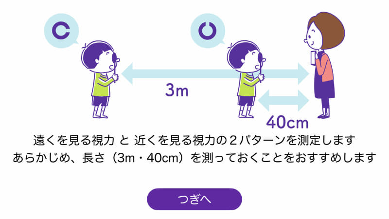 3メートルと40cmの2種類の距離から左右の視力をチェックする