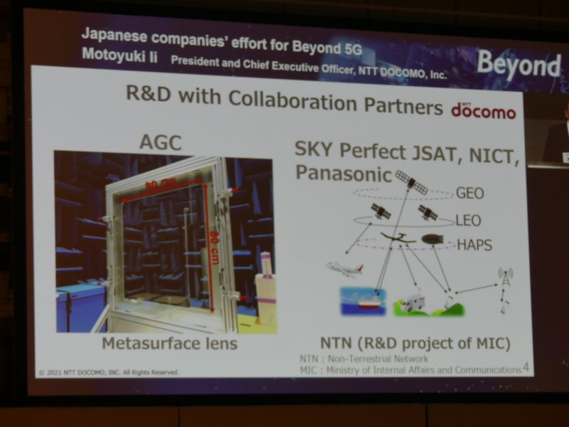 メタサーフェス技術を活用した電波レンズ（左）と、非地上系のカバレッジ拡張に向けた取り組み