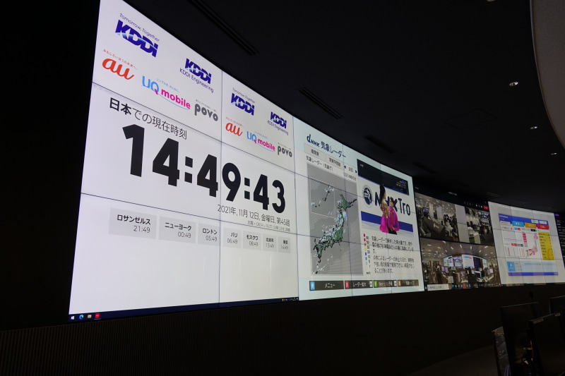 オペレーションセンター内にあるディスプレイ。左から3枚目には大阪のセンターの様子が映し出されている。そのさらに右ではツイッターなどの情報が確認できる