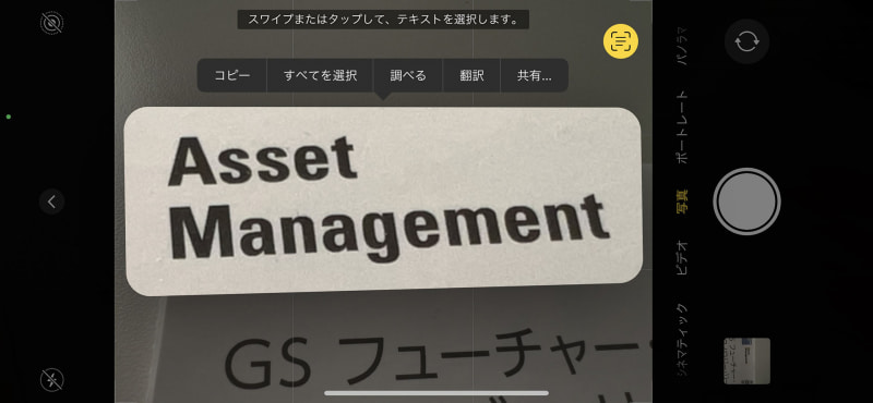 すると認識された文字が明るく表示される。この文字列をコピーしたり、認識された単語などを調べたりすることができる