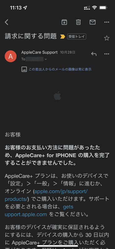 アップルのサポートから「AppleCare+の支払い方法に問題がある」とのメールが。特段設定を変えた訳でもないのでギョッとしてしまった