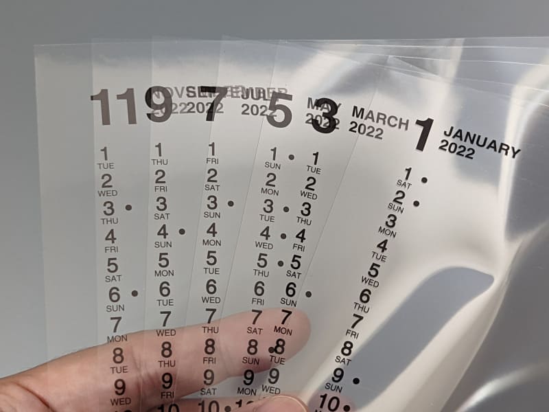 要するに「カレンダーが印刷された透明フィルム」。2ヶ月単位×6枚が封入されている