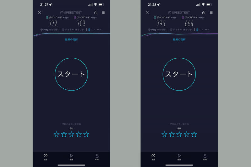 auひかり回線の通信速度をWi-Fi経由で測定（端末はiPhone 13 Pro Max）。左がAterm WX3600HP、右がホームゲートウェイAterm BL1000HWでの計測結果だ。1回計っただけの大雑把参考値であり、祝日前夜に計測したため、いつもよりちょっと速度が遅め。ではあるが、どちらも十分速いっスね。
