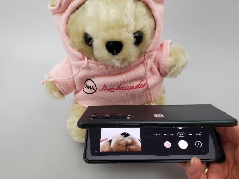 カメラレンズは上に、モニターは下半分にして撮影すればここまで際どくローアングルを攻められる。“一画面しかない”スマホであれば、頭の半分を床にのめり込ませないと撮影できないだろう