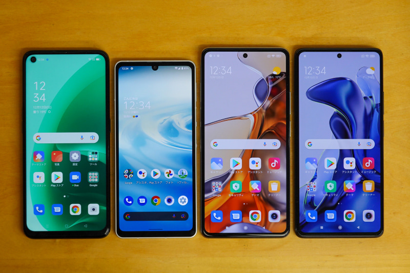 左から「OPPO A55s 5G」、「AQUOS sense6」、「Xiaomi 11T Pro」、「Xiaomi 11T」