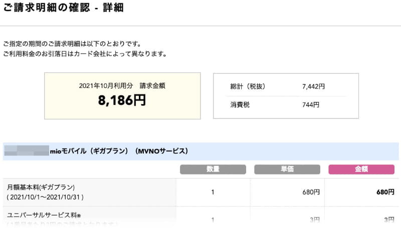IIJmioのギガプランで4回線分のSIM/eSIMを利用中。直近の利用料金は8186円だったが、これはIIJmioひかり（光インターネット回線）の利用料が含まれているため。SIM/eSIMの利用にかかった金額は3500円くらいだ。