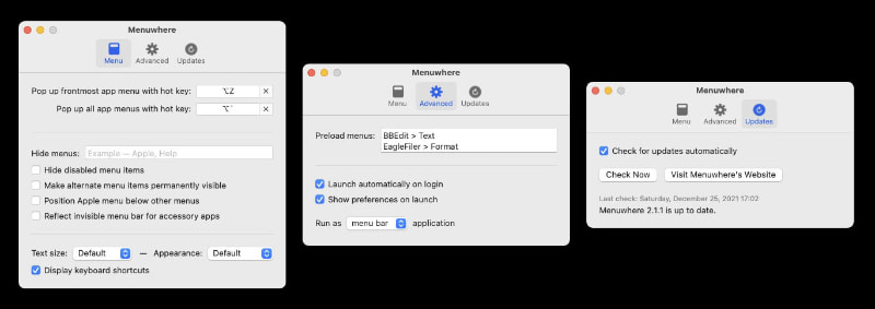 Menuwhereの環境設定（Preference）。カスタマイズでおもに使うのは、左のMenu項目だ