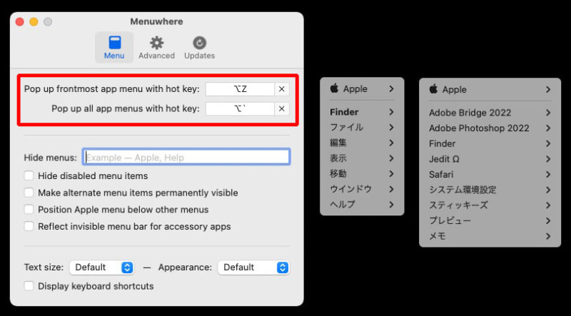 Menuwhereを使うには（ライセンス購入後に）赤枠部でキーボードショートカットを設定する。中央がアプリメニューの通常のポップアップ表示（Option＋Zに設定してみた）。右は起動中アプリの各メニューをまとめてポップアップ表示（Option＋〜に設定した）した様子で、アプリの切り替えをクイックに行える。なお、多ボタンマウスのボタン機能をカスタマイズできる場合、どれかのボタンにMenuwhere使用のキーボードショートカットと同じものを割り振っておけば、マウス操作のみで効率のよいメニュー操作を行える。実際に使うと、マウスをわずかに動かすだけでメニュー操作が済んじゃうのがスゴい