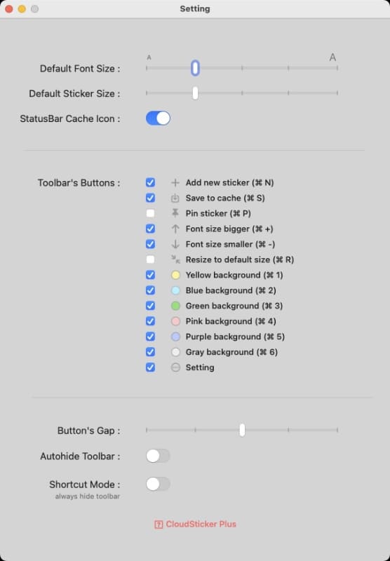 macOS版Cloud Stickerの環境設定ウィンドウ。スティッキーズ的アプリとして必要最小限のことができるという印象だ。
