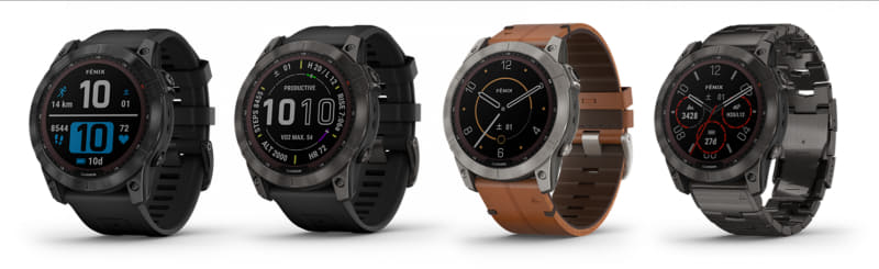 左から「fēnix 7X」Sapphire Dual Power Ti Carbon Gray DLC、「fēnix 7X」Sapphire Dual Power Ti Black DLC、「fēnix 7X」Sapphire Dual Power Ti、Sapphire Dual Power Ti Carbon Gary DLC