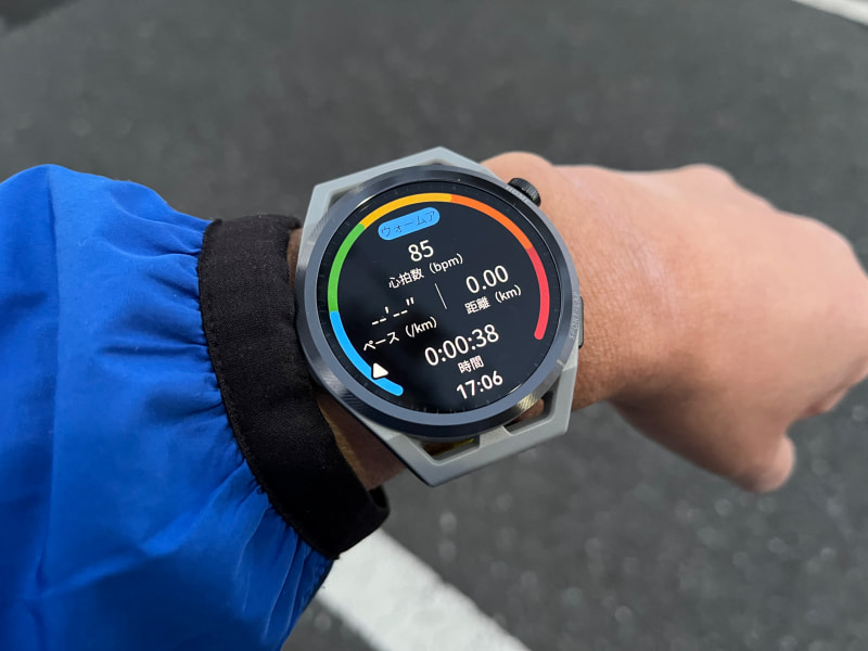 ランニング中に表示できる画面は数種類ありますが、心拍数、ペース、距離、時間、さらに時刻を確認できるこの画面を見ています。もうちょっと数字を大きくしてほしい