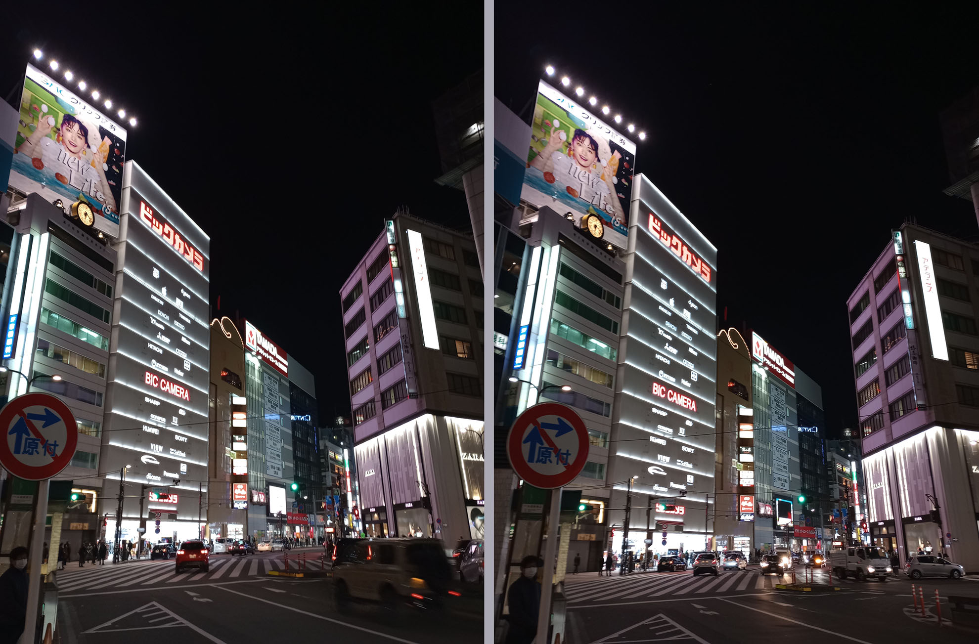 通常モード（左）と「ナイトビジョン」モード（右）で撮った夜景。ナイトビジョンは白飛びが抑えられているが自然な絵作り