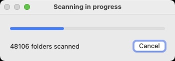 フォルダ内のファイルをスキャン中。俺的環境では2〜3分で完了するが、スキャン時間は使用中のMac（CPUやストレージタイプ）によりけっこう変わると思う。