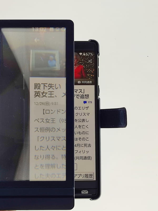 ルーペ付き手帳型ケースを使えば、感覚的には文字サイズは3～4倍大きく見える