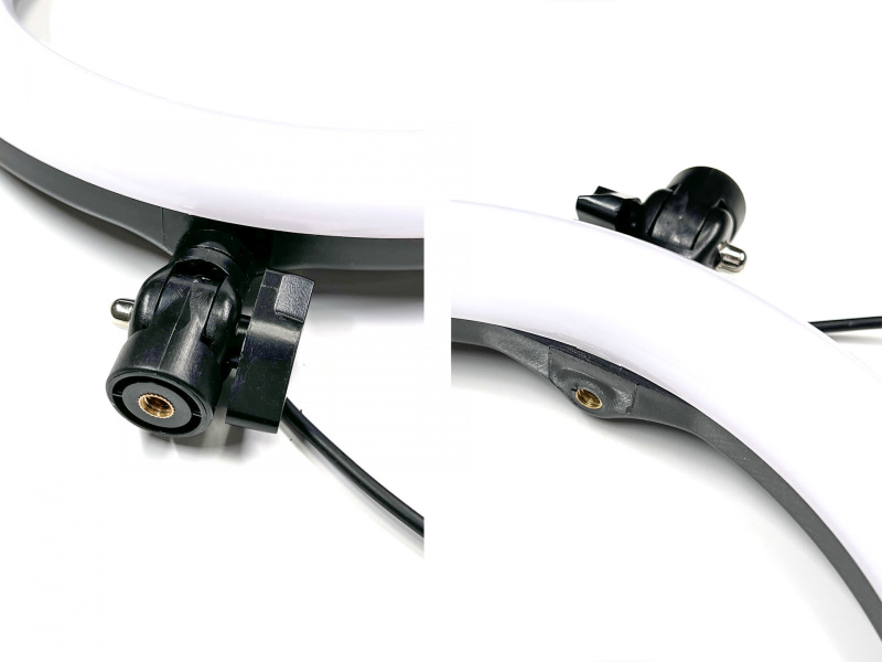 LEDリングライトをiPhone撮影用として選ぶにあたり、留意したのは三脚ネジ穴。LEDリングライトを三脚などに固定するネジ穴と、LEDリングライトにアームおよびiPhoneホルダーを装着するための2つのネジ穴だ。これらがないと、LEDリングライトの固定やLEDリングライトへのiPhoneの装着がかな〜り面倒になるのであった。