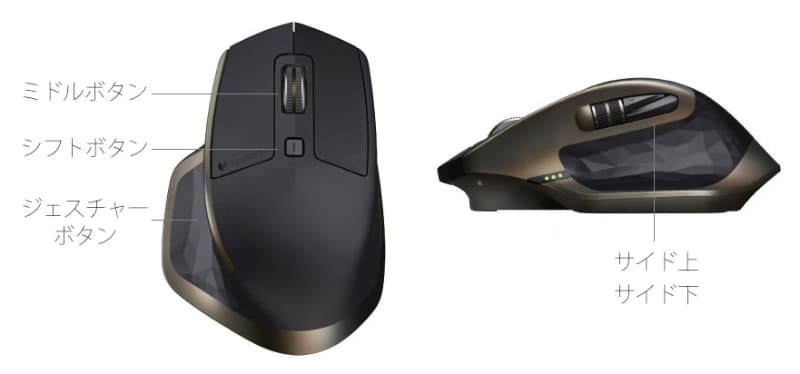 使用中のマウスであるMX Master。ステアーマウス5上では各ボタンが画像のような名称で呼ばれる