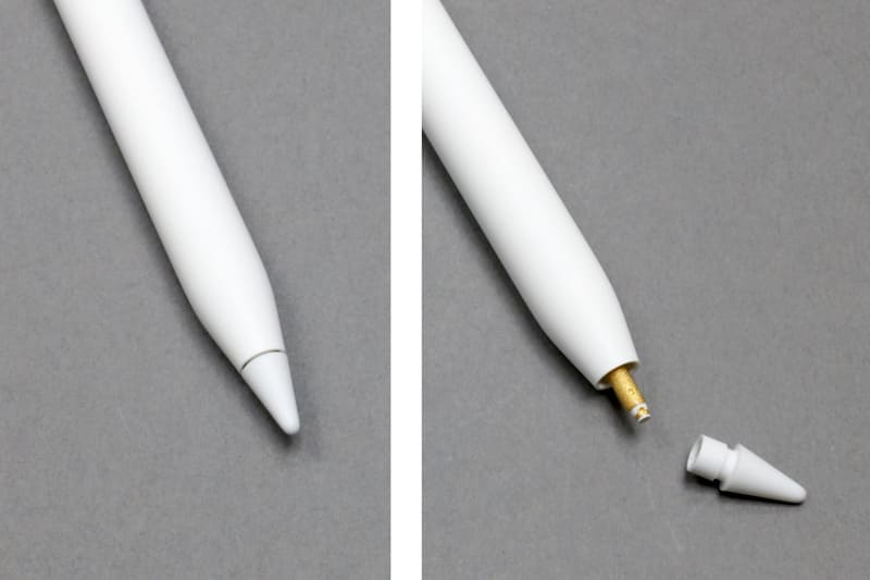 Apple Pencilのペン先は交換できる（第1 / 2世代とも）。Apple Pencilは長期間使っているとペン先が摩耗して金属部分が露出してくるが、そうなった場合は交換。ペン先をこちらに向けた状態で、ペン先を反時計回りに回せば外せる（装着時は時計回り）。ペン先（チップ）は純正品があるほか、サードパーティ品も多々売られている
