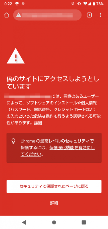 Chromeのセーフブラウジング機能がまずは仕事をしてくれました。普通はここで引き返せますね。