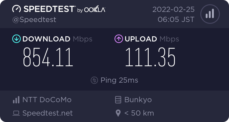 5G基地局のすぐ近くで通信速度を測定→下り854.11Mbps / 上り 111.35Mbps