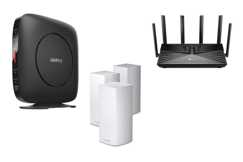 左からバッファロー「WSR-3200AX4S」、Linksys「AX4200」、TP-Link「AX4800」
