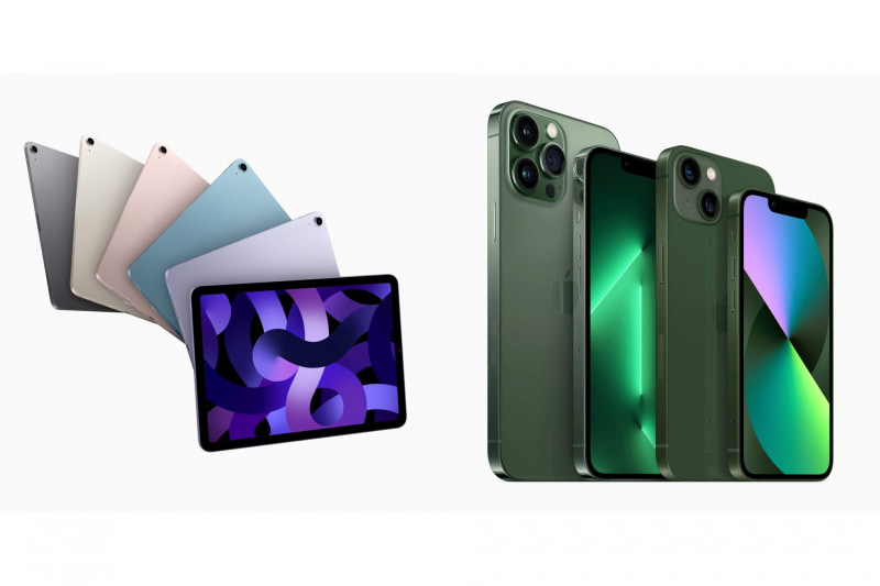 左から「iPad Air（第5世代）」とiPhone 13シリーズの新色（アルパイングリーンとグリーン）