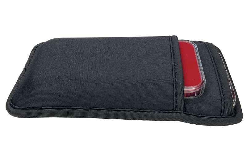 外側ポケットにiPhone 13 mini（保護ケース入り）を追加で入れた様子。大小2台端末をまとめて携帯できて（俺的には）かなり便利。ただ、2台入れた状態だと、各端末の出し入れがよりキツめになる。