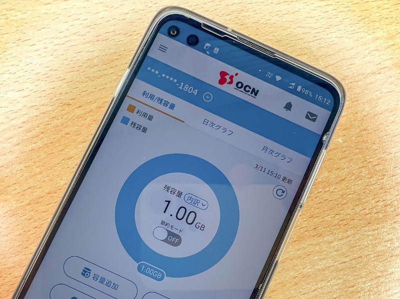 「OCN モバイル ONE」の500MB/月コースを契約し、moto g100の予備回線として使用中。残量が1GBあるのは前月分使っていなかった通信量の繰り越し分があるため