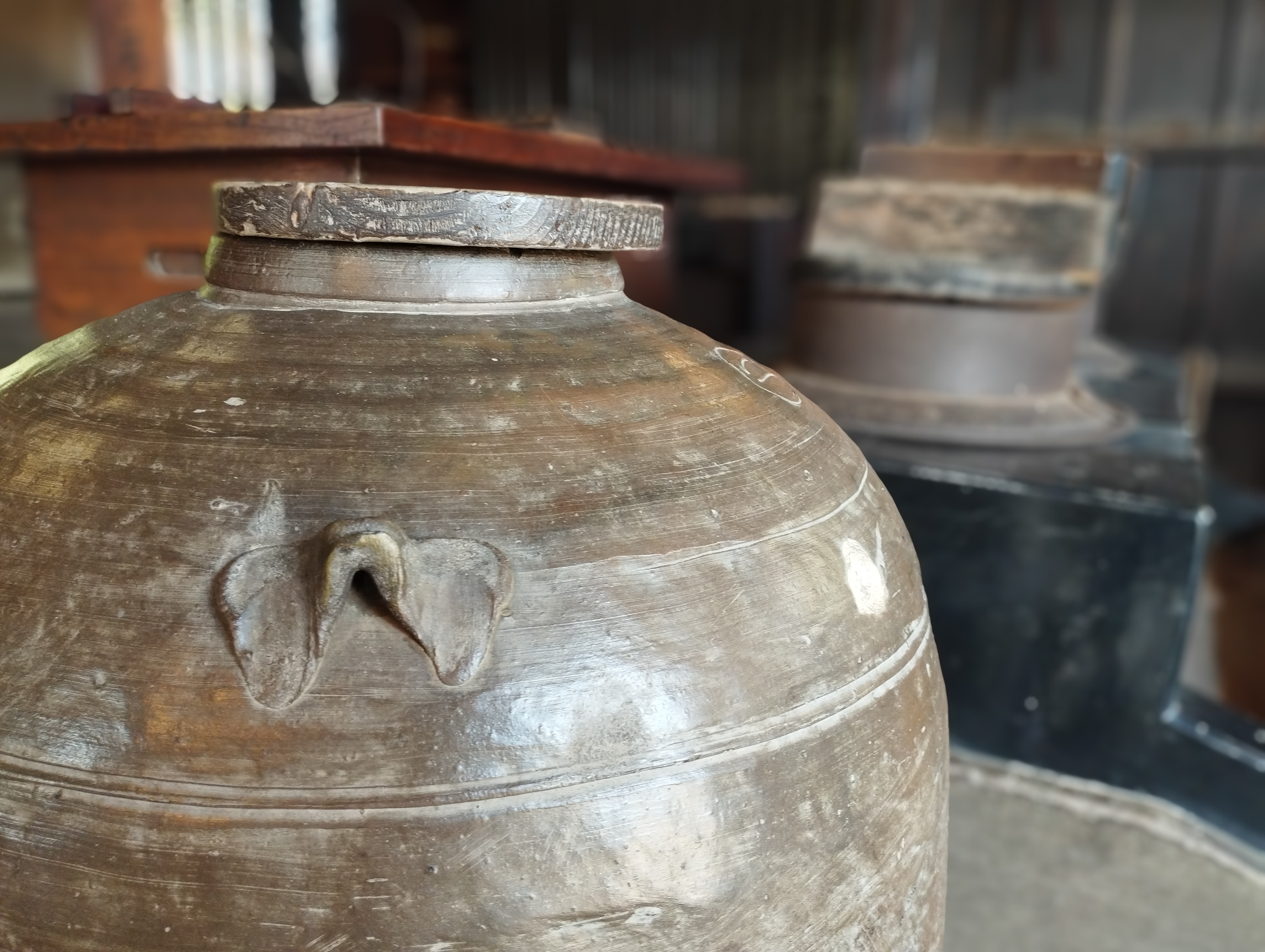 古民家にあった大きな壷をポートレートモードで。AIによる境界判定だがしっかりと壷を背景と分離してくれた