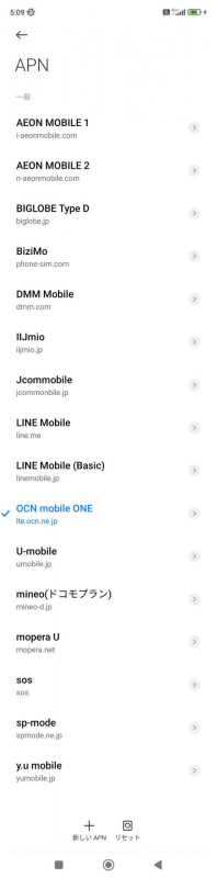 出荷時に設定されているNTTドコモ網のAPN。NTTドコモのspモードをはじめ、主要なMVNO各社のAPNが登録されている