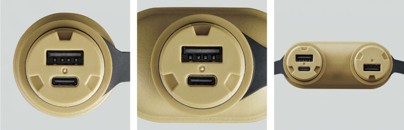 左から、5000ｍAh品、8000ｍAh品、12000ｍAh品のポート形状。どれも出力用USB-Aと入出力用USB-Cがある（充電はUSB-C）。12000ｍAh品はUSB-Aがひとつ多い。USB-Aはどれも最大12W出力。USB-Cポートは、5000ｍAh品が最大出力15W（最大入力15W）で、8000ｍAh品と12000ｍAh品は最大出力20W（最大入力18W）。どのUSBポートも、接続した機器に応じた最適の出力で最速に充電できる“おまかせ充電”に対応している。