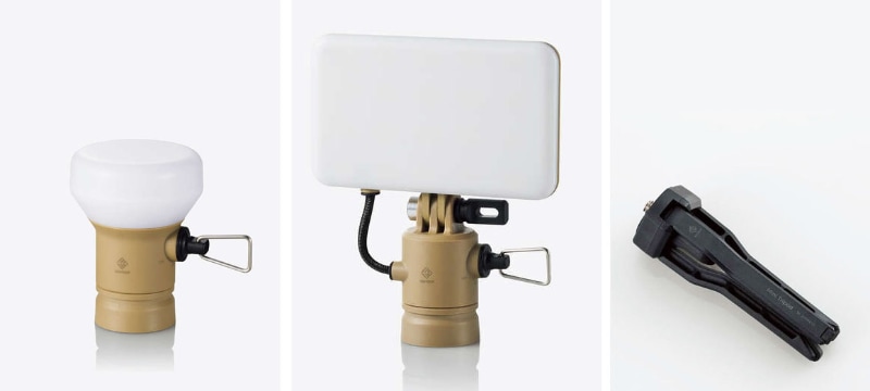 左が「NESTOUT LEDランタン LAMP-1」で最大350lmで光る電球色LEDランプ。中央が「NESTOUT LEDランタン FLASH-1」で最大1000lmで光る板型LEDランプ。FLASH-1は昼光色、電球色、昼白色の3色に切り替えできる。どちらの機種も調光に対応。また、どちらの機種にもミニ三脚が付属する。