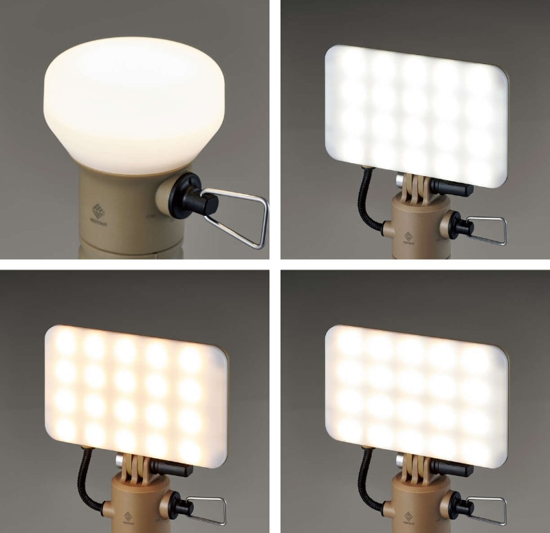 LAMP-1は電球色LEDランプで10〜350lmの間の明るさでなだらかに調光できる。FLASH-1は昼光色、電球色、昼白色の3色に切り替えでき、30〜1000lmの間の明るさでなだらかに調光できる。