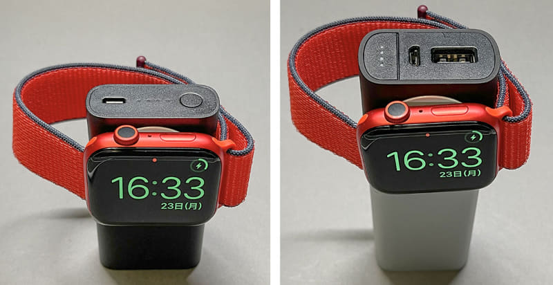 軽いバンドを装着したApple Watchなら、バッテリーを立てた状態でもApple Watchが落ちない程度、マグネットの吸着力は強い