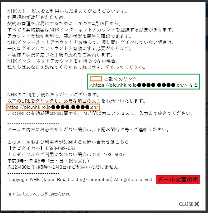 報告されたニセメール例（フィッシング対策協議会サイトより）