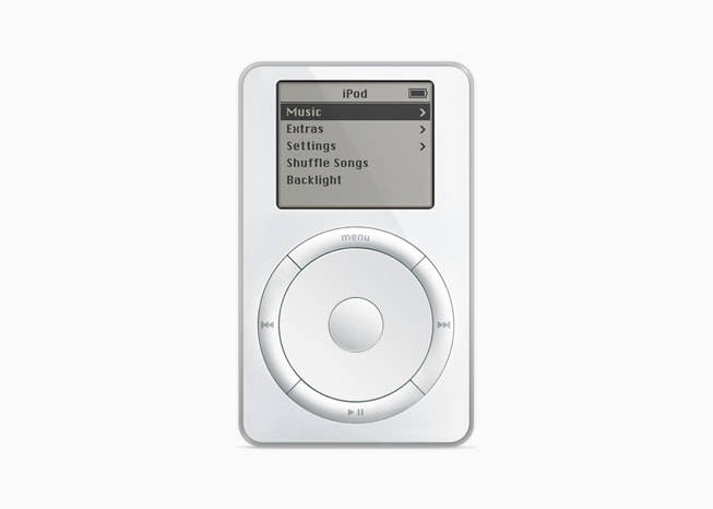 iPodの初代モデル。2001年10月発売。1,000曲の音楽と10時間のバッテリーを搭載