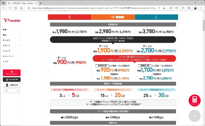ワイモバイルの「家族割引」は、2回線目以降が対象。料金が1188円安くなる