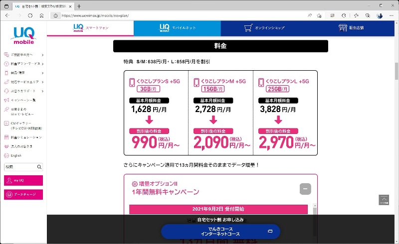 自宅セット割を適用すると、増量オプションIIをつけても、料金はオンライン専用プランとほぼ同じになる。店舗で手続きができるぶん、お得感がある