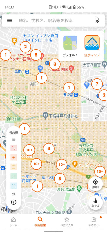 「浸水マップ」ボタンが表示。これをさらにタップすると地図に色・模様が重なって表示される