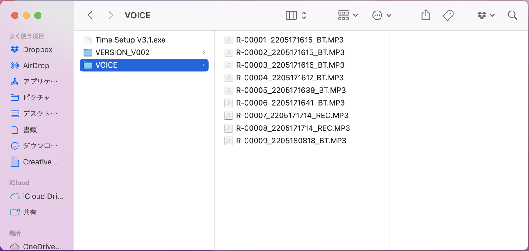 MacでNeck Recのフォルダを開いたところ。連番と日付がファイル名に付加されている。また、通話データには「BT」、ボイスレコーダーデータには「REC」があり、さらにわかりやすい。なお、録音時間に関係なく、ファイル数の上限が9999であることに注意したい