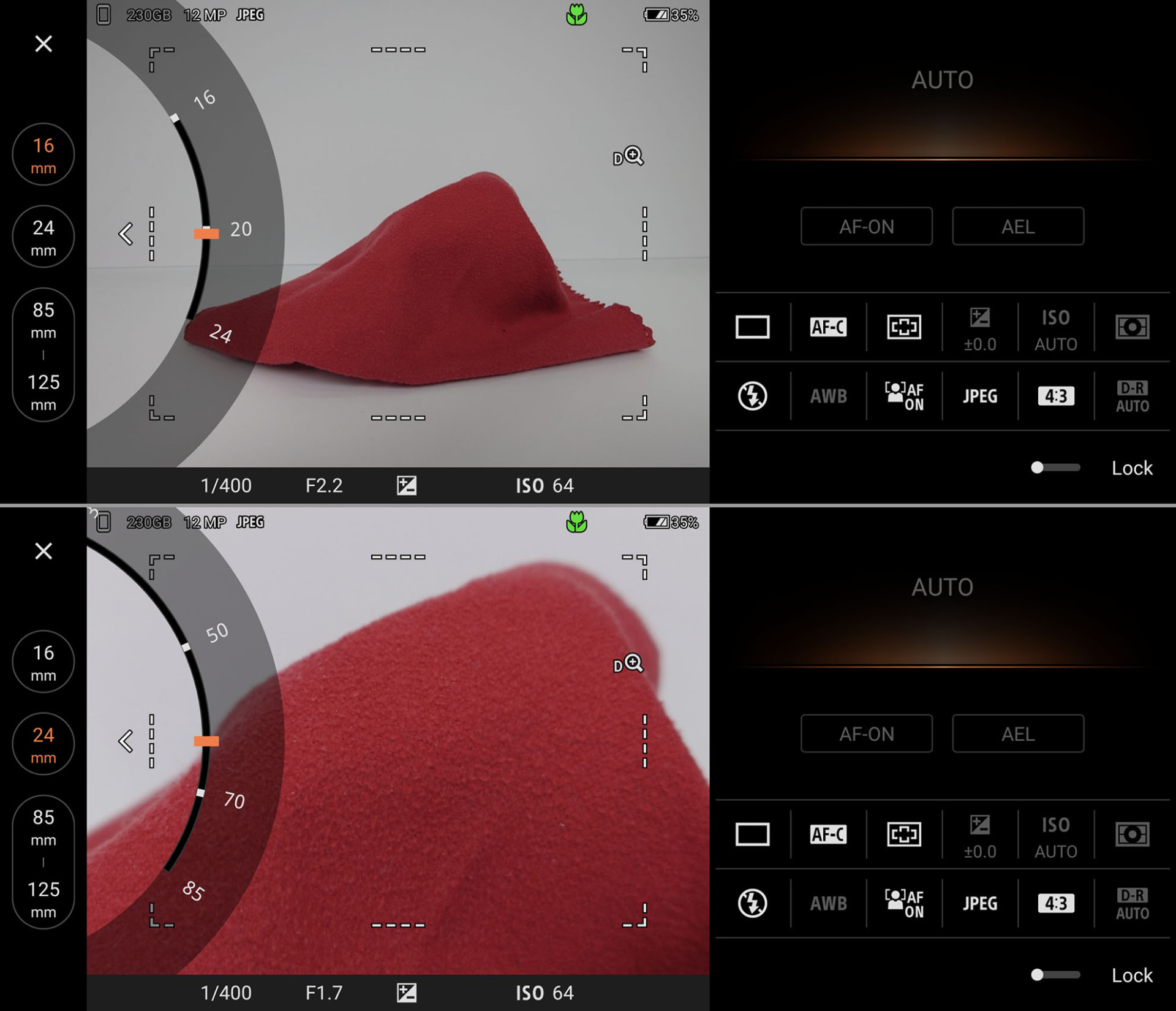 カメラの切り替えとズーム操作。望遠カメラの白い枠内は光学ズームができる範囲